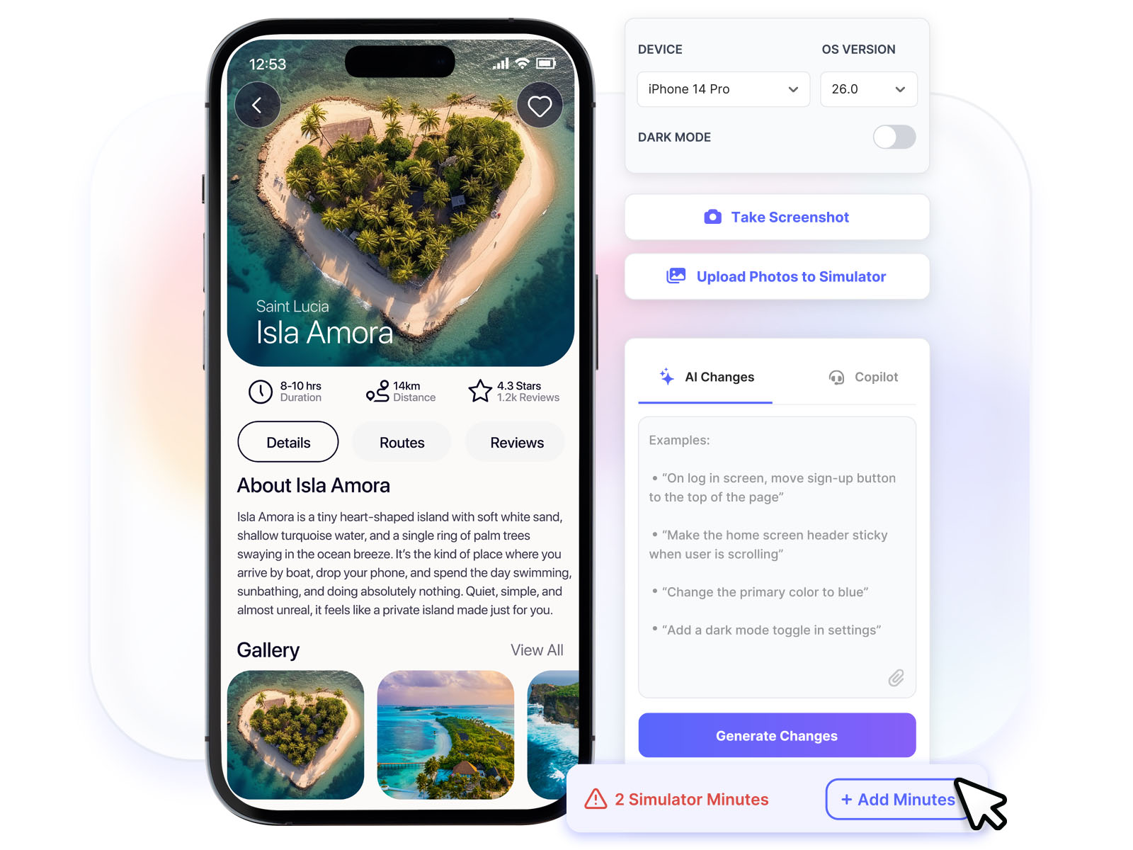 Simulator launch panel showing remaining Simulator Minutes and Add Minutes button on LastApp.ai