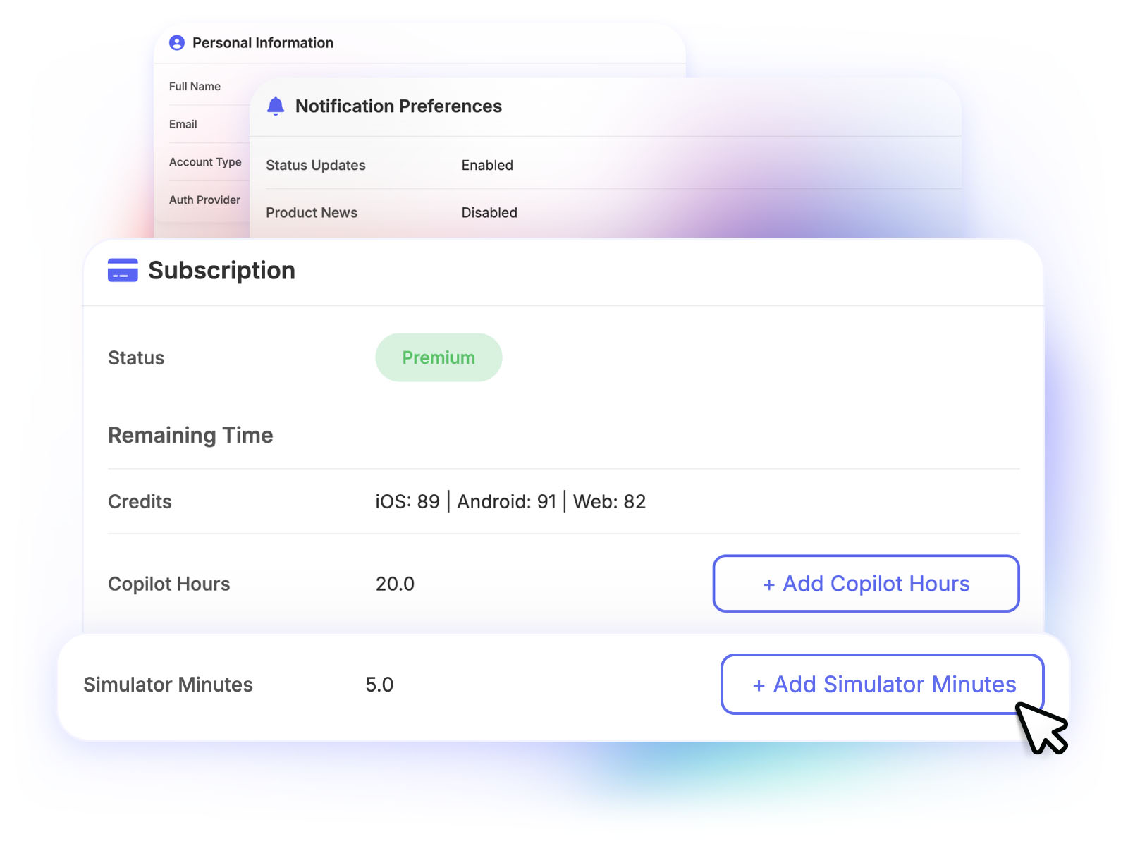LastApp.ai User Profile page showing remaining Simulator Minutes and Add Simulator Minutes button