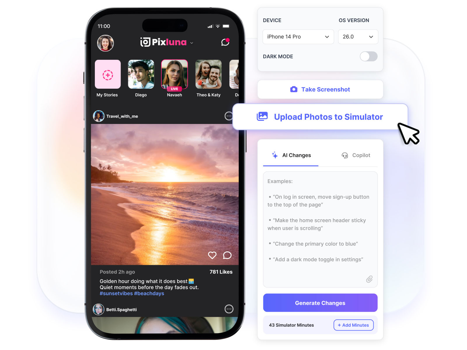 Upload Photos button on the LastApp.ai Simulator/Emulator screen